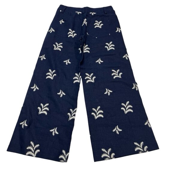 Elie Tahari Pants Women 6 Blue Linen White Palm Tree Embroidered Wide Leg Resort - Picture 3 of 9